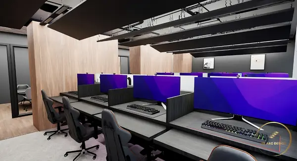 Open-plan office fit-out with bench desking, oak partitions and an exposed services ceiling