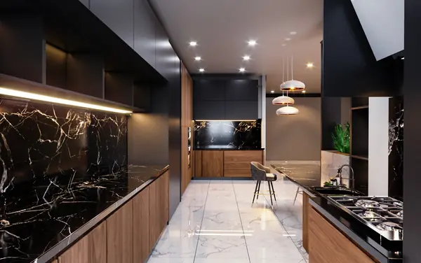Walnut kitchen with marble island and integrated appliance tower