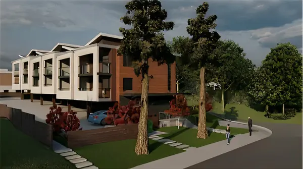 Street elevation of the multiplex with landscaped frontage