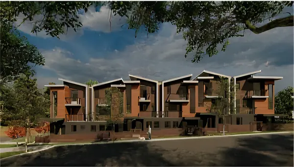 Row of units seen from the street, each with its own entry