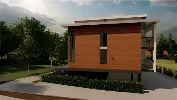 Single unit elevation with timber cladding and covered entry