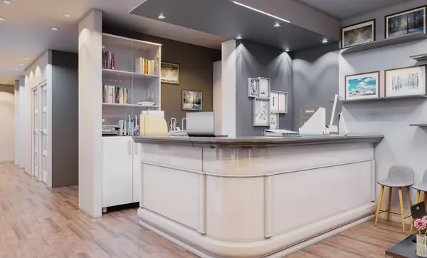 Curved reception desk with display shelving and pendant lighting