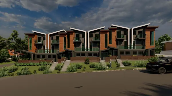 Rear rendered view of the multiplex with landscaping