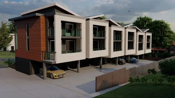 Corner render showing the multiplex entry sequence