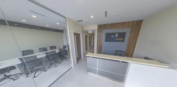 Glazed boardroom beside the reception desk
