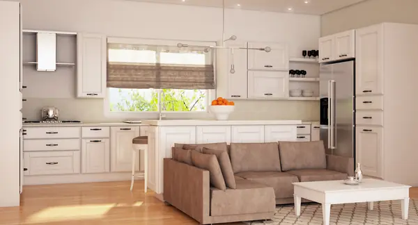 Open kitchen and living area after renovation, seen from the living room