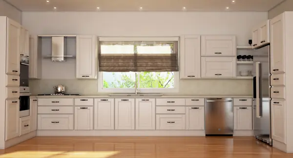 Appliance wall with shaker cabinetry and open shelving