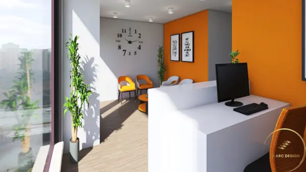 Reception desk with plants and daylight from the storefront glazing