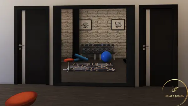 Stone-clad corridor with mirrored training bay and dumbbell racks